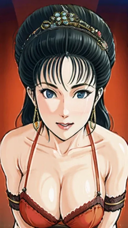 (best quality), (very aesthetic), (ultra-detailed), (best illustration),NSFW,a mature female,Perfect Face,Suikoden,Mrs. Lin,(full_body),big breast,red cheek,Sweating,skinny, chinese traditional lingerie,chinese traditional style bed,Looking down