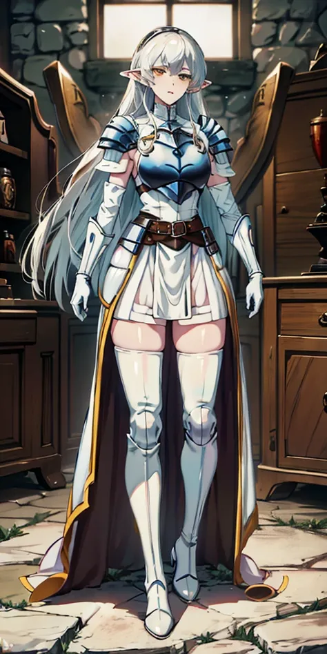 masterpiece, best quality, high quality, white SKIN elf, long hair, white hair, yellow eyes, full body, def_effie, blue breastplate, white skin, looking at viewer, shiny, armor, thigh highs, high boots, shoulder armor, faulds, poleyn, gloves, gauntlets