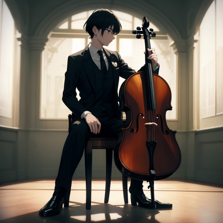 1 cello boy. He is wearing a nice suit for a banquet. He is playing the cello. He is upset and remorse.