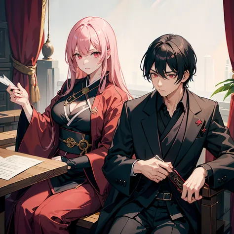 1 men,black hair,red eyes,black kimono,Detective,combat knife,fantasy,1 table,cowboy shot,sitting on chair,Relaxing,clear sky,monocle,have paper,mercenary guild,1 girl,pink hair,pink eyes,middle hair,straight hair,large breasts,witch dress,back to back