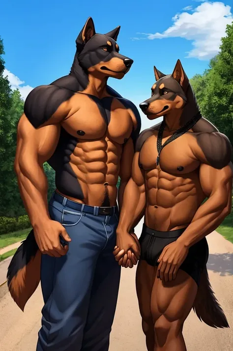  shepweiler male holding hands with a muscular, shirtless wolf