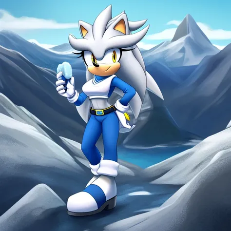 Mobian, female, (hedgehog similar to Silver the Hedgehog but female), white fur, yellow eyes,white crop top with boob window, long blue sleeves, fingerless white gloves with blue cuffs, blue navy pants, blue waistband, white heeled sonic soap shoes, (very ...