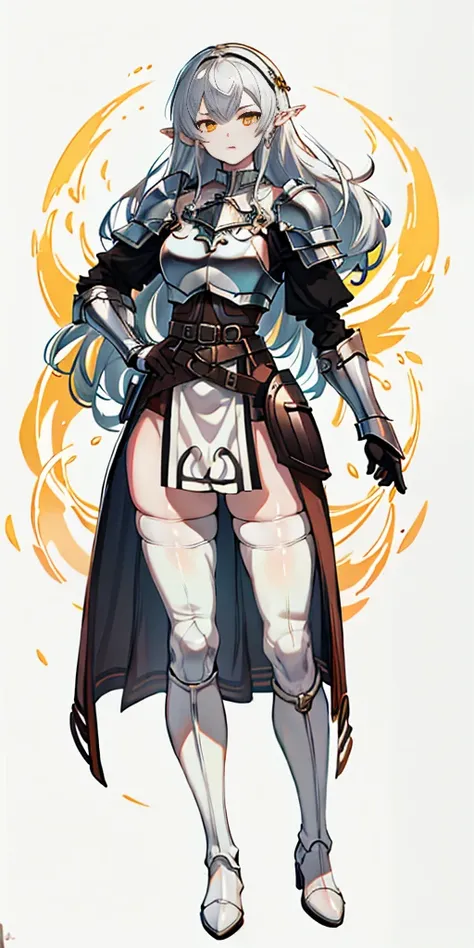 masterpiece, best quality, high quality, white SKIN elf, long hair, white hair, yellow eyes, full body, def_effie, blue breastplate, white skin, looking at viewer, shiny, armor, thigh highs, high boots, shoulder armor, faulds, poleyn, gloves, gauntlets