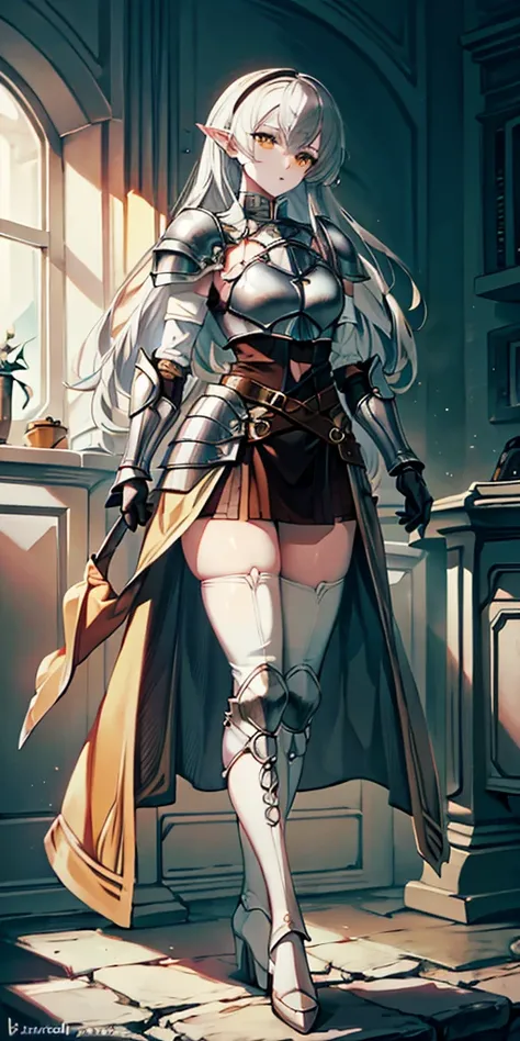 masterpiece, best quality, high quality, white SKIN elf, long hair, white hair, yellow eyes, full body, def_effie, blue breastplate, white skin, looking at viewer, shiny, armor, thigh highs, high boots, shoulder armor, faulds, poleyn, gloves, gauntlets