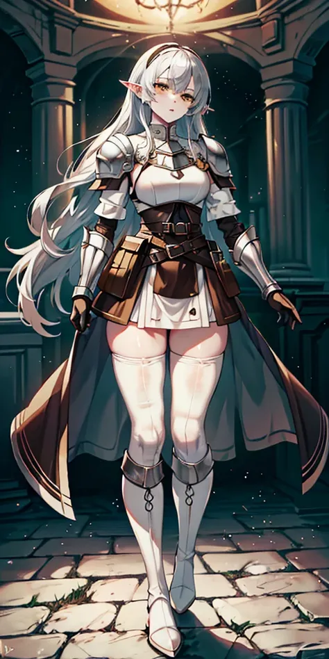 masterpiece, best quality, high quality, white SKIN elf, long hair, white hair, yellow eyes, full body, def_effie, blue breastplate, white skin, looking at viewer, shiny, armor, thigh highs, high boots, shoulder armor, faulds, poleyn, gloves, gauntlets