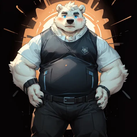 New Jersey 5 Furry，polar bear，Exquisite，(Strike a pose:1.3), (Soft shadows), 4K, anything, ((detailed face, detailed)), by zackary911, by Zavush, (Through dating:0.5), shirt, One Chico, permanent, whole body, belt, Pants, Vest, blue shirt, black background...