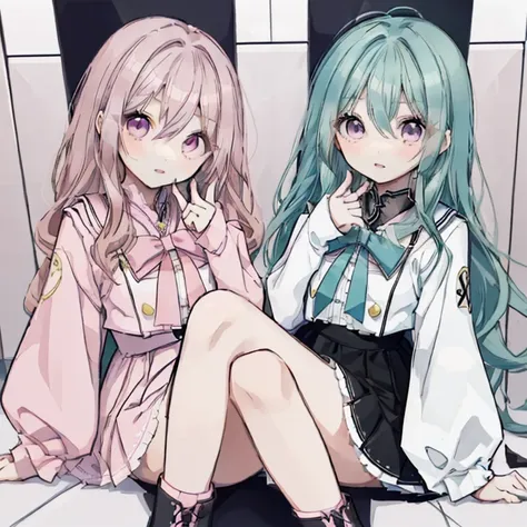 2 girls,Two shots,Mature,Character portrait,whole body,Great style,Vocaloid,gorgeous,Sailor suit,Sailor suit風のアイドル衣装,Miniskirt,Lace-up boots,cute,A good friend,（Aqua Hair,Long Hair,Curly Hair,Pink Eyes,まん丸の目をcute,Like a doll,White costume,）（Pink Hair,Mediu...