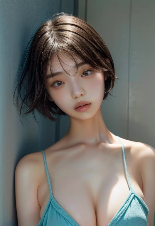 Ultra-high definition image quality，No makeup，Japanese and Korean beauties with short hair，Mixed color short hair，Ball Short Hair，Aqua blue top，Close one eye，Put your finger on your face，lol，Big Breasts，Deep V