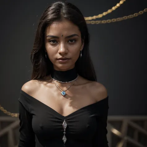 the focal point is a chest-high shot of a person wearing a sleek black shirt. The background is a deep, dark hue, providing a stark contrast that emphasizes the luminosity of the diamond chain. With no face visible and only a hint of the neck discernible, ...