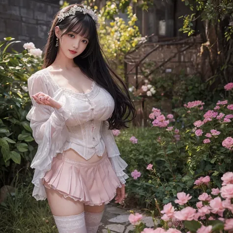 best quality, masterpiece, lifelike, 1 girl, solitary, eternal, Black Hair, Long curly hair, Bangs, laugh out loud, Layered lace skirt,  Puff sleeves, Wide sleeves, Transparent sleeves,  Detailed background,  Delicate face，pink blush，White knee socks, cold...