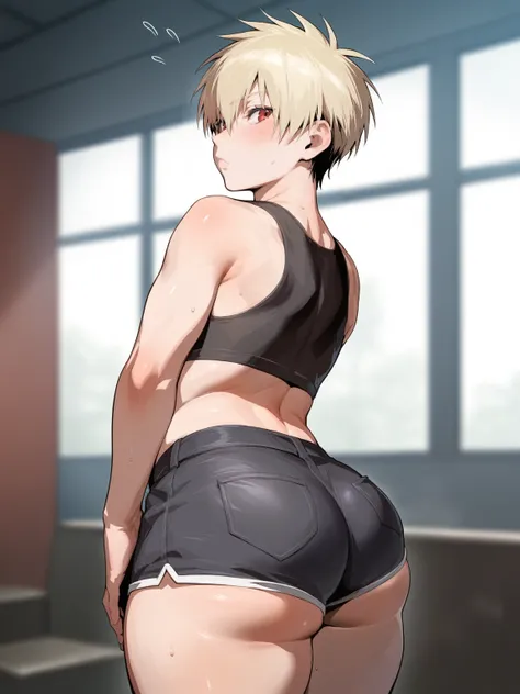 score_9, score_8_up, source_anime, standing, hellsing, seras, femboy, twink, shorts, otoko no, crop top, indoors, ikuchan, ass, ass cheeks, plump ass, rating:safe, sfw