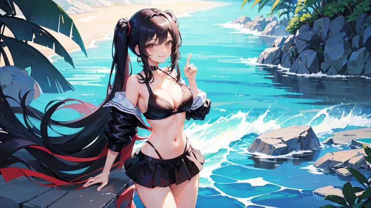 masterpiece,anime style,chibi,sexy girl,black hair,shoulder length hair with two pigtails,bikini,smiling,larger breasts,waiting on the right side of the image,showing cleavage,full body,standing,