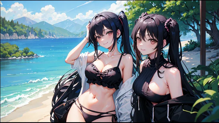 masterpiece,anime style,chibi,sexy girl,black hair,shoulder length hair with two pigtails,bikini,smiling,larger breasts,waiting on the right side of the image,showing cleavage,full body,standing,