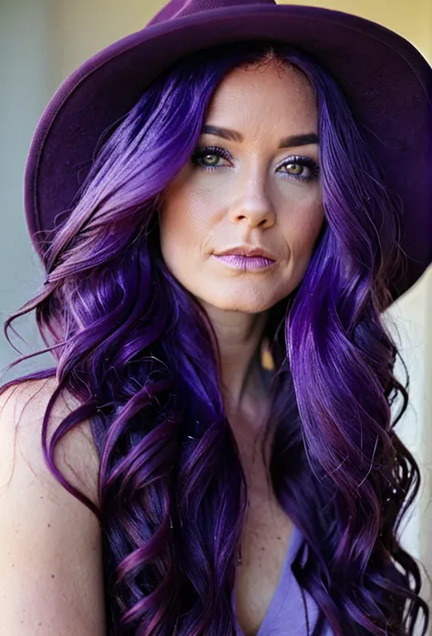 a close up of a woman with purple hair wearing a hat, purple flowing hair, purple, purple, purple hue, flowing purple hair, purple hair portrait of woman, purple hair, purples, purple hair, purple long hair, purples, purple long hair, deep purple hair, lon...