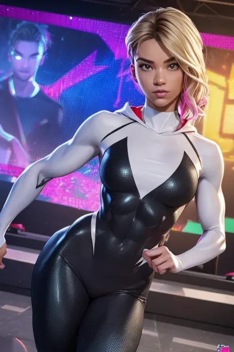 (ultra realistic,32k, masterpiece:1.2), (high detailed skin:1.1), (8k uhd, dslr, high quality:1.1), Gwen, (thin body:1.0), lean body, skinny body, fitness model physique, sexy, slutty, undercut, blonde, multicolored hair, bodysuit, web-print, hood down, (p...