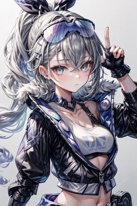 (masterpiece, best quality, perfect face, expressive eyes), 1girl, (anime), silverwolf, eyewear on head, black jacket, grey eyes, fingerless gloves,