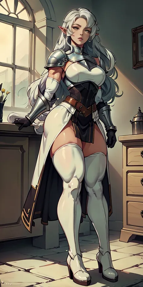 masterpiece, best quality, high quality, white SKIN elf, long hair, white hair, yellow eyes, full body, def_effie, blue breastplate, white skin, looking at viewer, shiny, armor, thigh highs, high boots, shoulder armor, faulds, poleyn, gloves, gauntlets