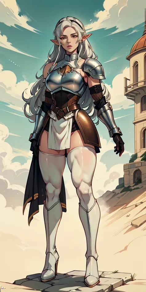 masterpiece, best quality, high quality, white SKIN elf, long hair, white hair, yellow eyes, full body, def_effie, blue breastplate, white skin, looking at viewer, shiny,armor, thighhighs, high boots,shoulder armor, faulds, poleyn, gloves, gauntlets