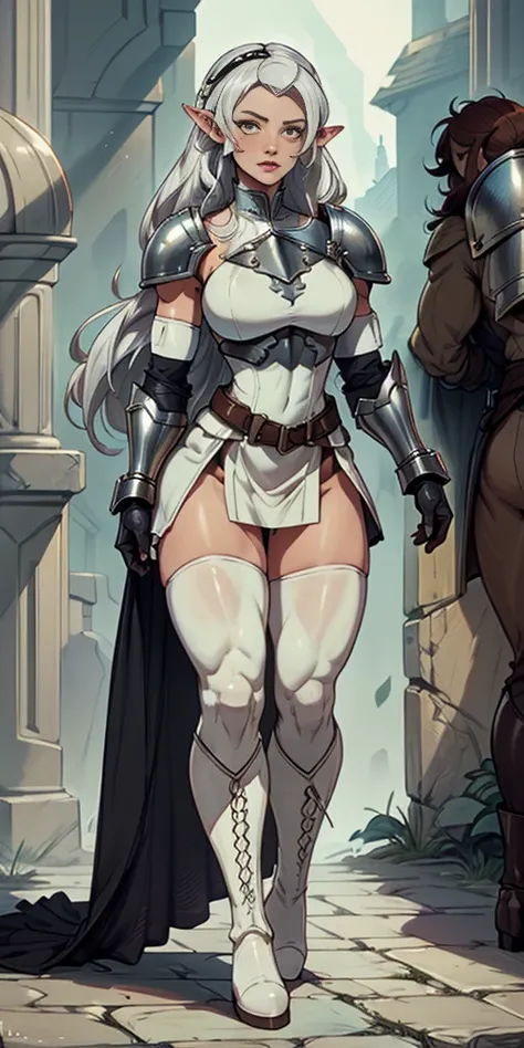 masterpiece, best quality, high quality, white SKIN elf, long hair, white hair, yellow eyes, full body, def_effie, blue breastplate, white skin, looking at viewer, shiny,armor, thighhighs, high boots,shoulder armor, faulds, poleyn, gloves, gauntlets