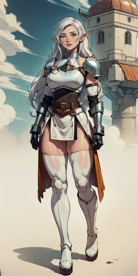 masterpiece, best quality, high quality, white SKIN elf, long hair, white hair, yellow eyes, full body, def_effie, blue breastplate, white skin, looking at viewer, shiny,armor, thighhighs, high boots,shoulder armor, faulds, poleyn, gloves, gauntlets