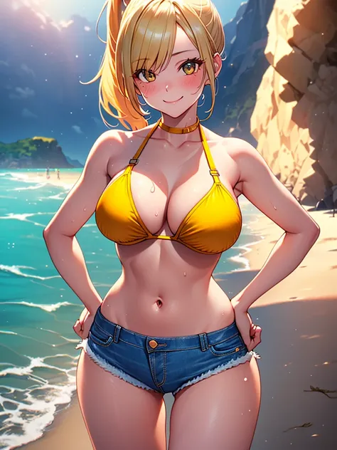 (highest quality, High resolution, perfect pixel, Depth of bounds written, 4K), beach, detailed eyes, (1 lady), tall, (skinny body:1.2) , (thin thighs:1.2), large breasts, blond hair, (ponytail:1.2), (denim short pants yellow bikini:1.2), (cross halter), (...