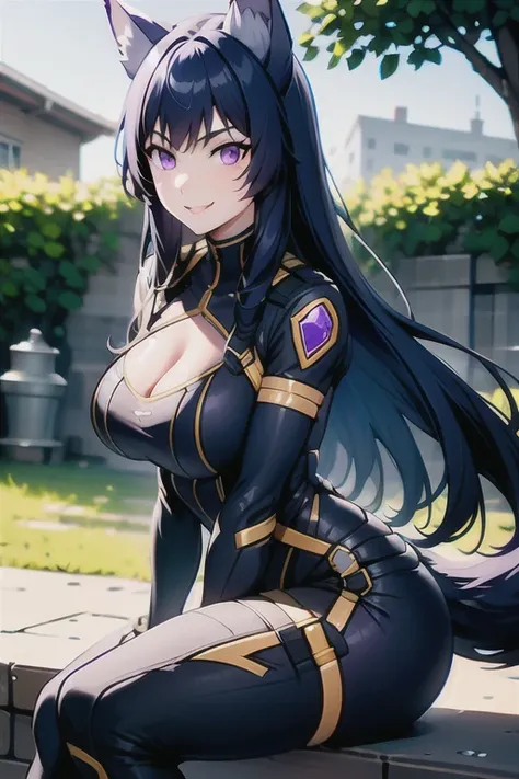 best quality, masterprice, 1girl, (solo:1.1), raytracing, ultra detailed,detailed face, 8k wallpaper, large breasts, smile, wide hips, (neocoill:0.8), outdoor, sitting, dynamic pose, outdoor,  DeltaNDV, long hair, animal ears, purple eyes, bangs, wolf ears...