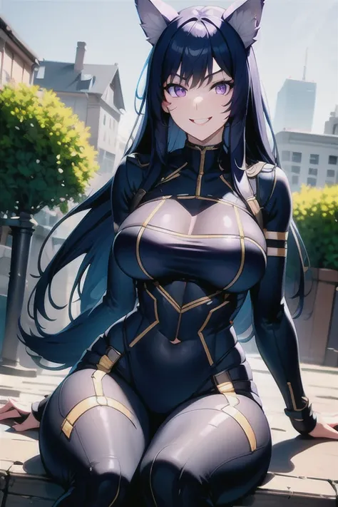 best quality, masterprice, 1girl, (solo:1.1), raytracing, ultra detailed,detailed face, 8k wallpaper, large breasts, smile, wide hips, (neocoill:0.8), outdoor, sitting, dynamic pose, outdoor,  DeltaNDV, long hair, animal ears, purple eyes, bangs, wolf ears...