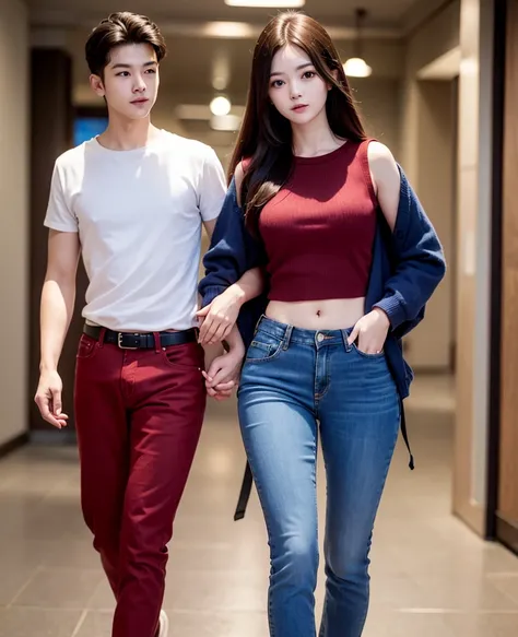 Woman long hair red, Blue jeans pant, with boyfriend, young woman and elder men, 