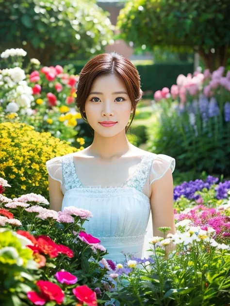 Realistic photography, beautiful woman. ,flower garden