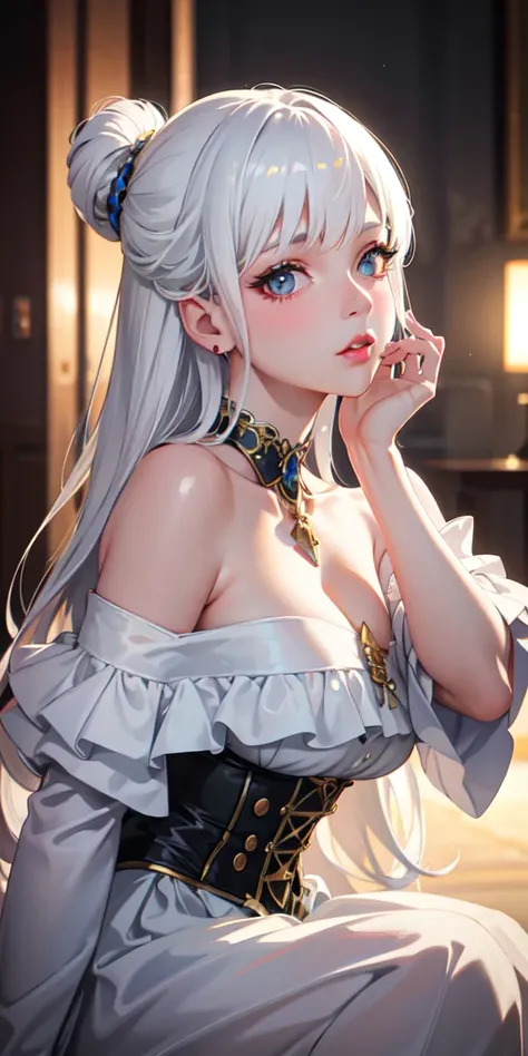 Best quality, masterpiece, ultra high res, (photorealistic: 1.4), raw photo, 1girl, off shoulder, cinematic lighting, kiss poses, heterochromia, white hair, white hair