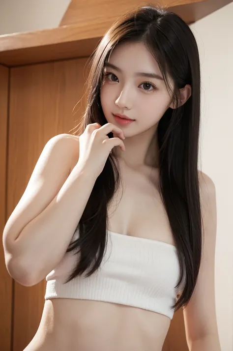 Beautiful girl with long hair，White连衣裙，Small flat-chested breasts，White skin，Cute and playful，Girlfriend，White，