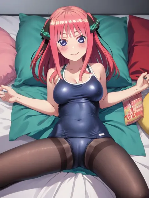 best quality, ultra-detailed masterpiece, nino nakano, one-piece swimsuit, breasts, pantyhose, blush, smile, bed room, open legs:1.5