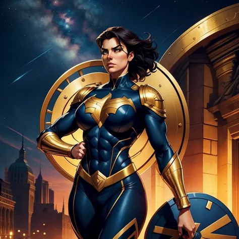 Ursa Major, a female superhero with a muscular build,
A majestic woman, Powerful and bold,
Seios menores, yet rippleed with definition,
A heroine, Muscular torso, tons to give,
Curvaceous figure, every muscle pronounced,
A strong Amazonian, Her physique a ...