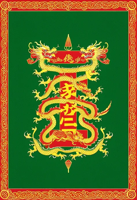 A red rectangle flag in the center, theres a five-headed yellow chinese dragon The dragon is surrounded by a green square with a red border. Above the dragon, there are two crossed spears, and below it, theres a red scroll with the words "Manning Maru" wri...