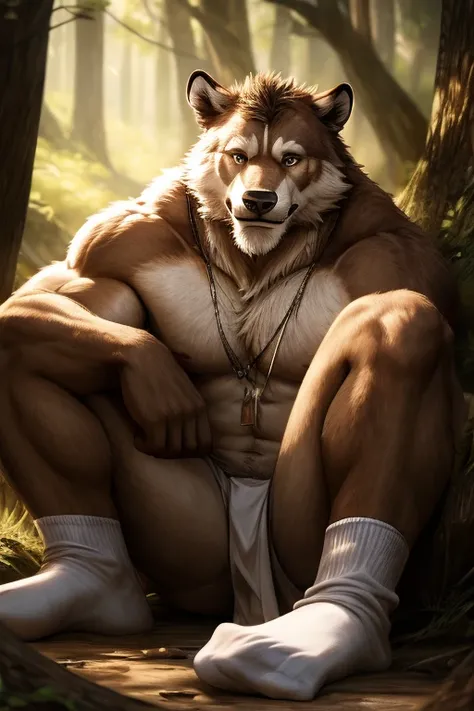 muscular sweaty chubby anthropomorphic wild white beast sitting on the floor, cross-legged, one leg up, arms up, smiling. close-up: armpits, sweaty wet white socks, white socks, sport socks, wet skin, drops of sweat. photo realistic style, masculinity, wil...