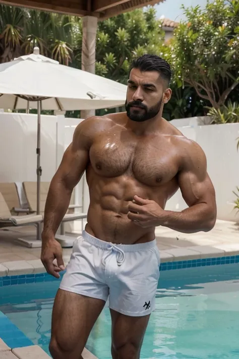 Viejo hombre musculoso, ropa interior blanca, elegante, cuerpo completo Piscina, mejor calidad, Obra maestra, ultra high resolution,antecedentes detallados,solo,male,bara,muscular,vello facial,macho maduro,muslos gruesos,swim Piscina,nadador, swimsuit,swim...