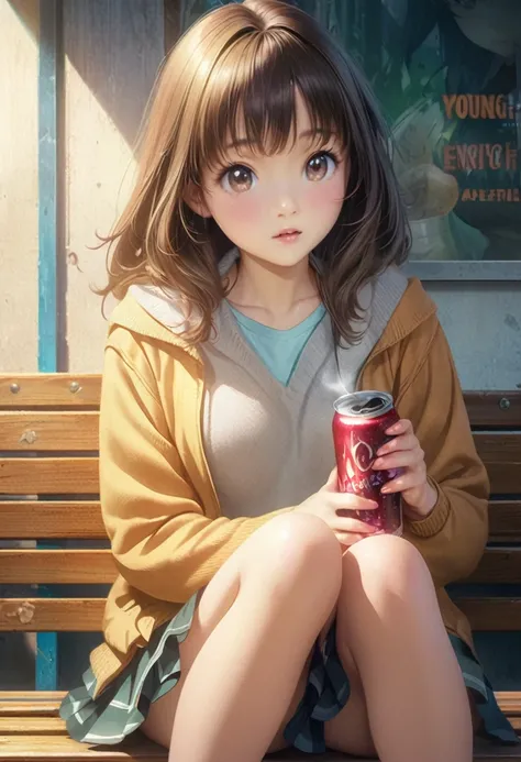 Anime girl sitting on a bench with a cup of coffee, cute Anime girl, anime style illustration, Girl with soda, beautiful anime schoolgirl, hyper realistic , Anime girl, young Anime girl, beautiful Anime girl, Anime girl drinks energy drink, anime style 4k,...