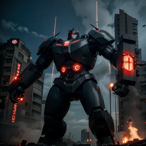 Jaeger pacific rim colossal giant robot dark black and red blue mix