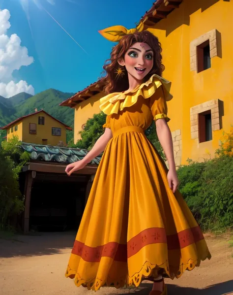 paper,green eyes,Brown hair,hair,
yellow dress,earrings,bow,
standing,full body,
village,Sun Ray,happy, orange heels, 
(insanely detailed, beautiful detailed face, masterpiece, Best quality), sexy, small breasts, skinny 