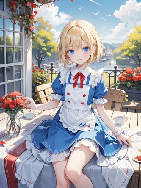 (8k, highest quality, tabletop:1.2)、ultra-high resolution、alice in wonderland, one 10-year-old girl, detailed face、blue eyes, bl...