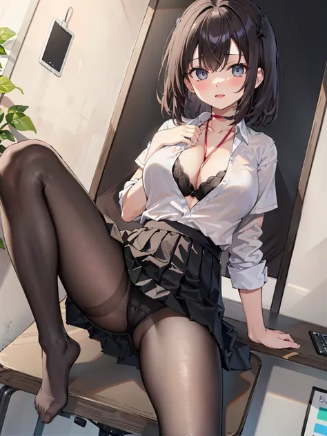 One Girl, alone, ((White shirt)), Black knee socks, Proudly, Cleavage,Black panties,Show off your panties to your audience,Spread your legs wide,脚をSpread your legs,I can see your pants,Spread your legs and show me your panties,Her shirt was turned up、Bra i...