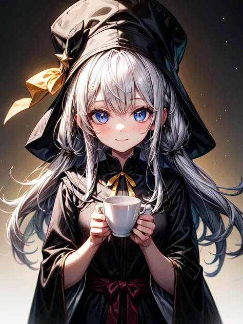 Elena_(Maybe_No_hearing), Workshop, masterpiece, 4k,, 1 girl, female, Beautiful, A cup, White hair, Big Magic Hat + black on top and purple on the inside, Blue eyes, White shirt, yellow ribbon, black robe,, kawaii, I look at the viewer, slight smile, magic...