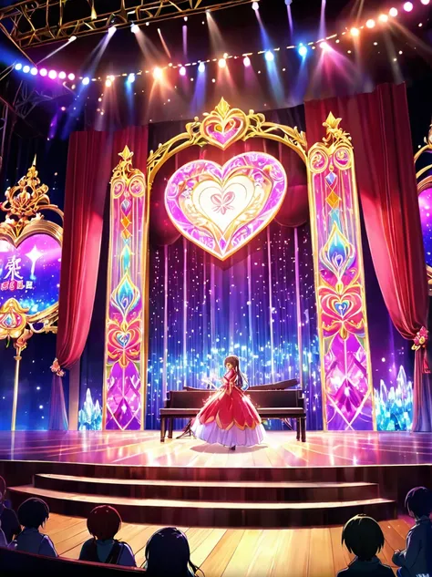 (Vision:1.5)，1girl, concert，audience, (Idol stage)，Neon，((舞台light))，Colorful，vase，Flowers，curtain，crystal Light，Heart shaped stage curtain and benches，Ballroom Background，Stage Background，chandelier，Anime Background Art Style Anime，Kingdom of Light Backgro...