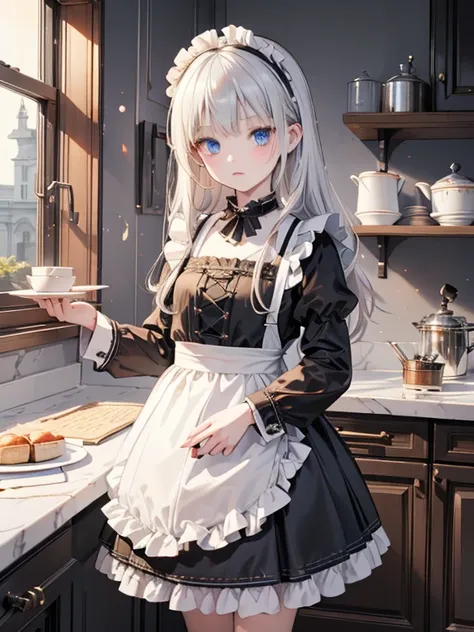 (8k, highest quality, tabletop:1.2)、gothic art、two maids, (8-year-old girl, detailed face、blue eyes, blonde, black maid outfit),...