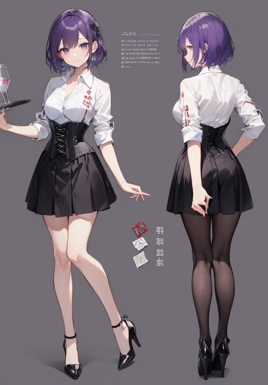 Purple hair,short hair,Adult female,(bartender),((Roll up your shirt sleeves)),(Rolling up the sleeves of his shirt),(corset),(skirt),(High heels),((Simple Background)),smile,((whole body)),((full body)),Character Sheet,