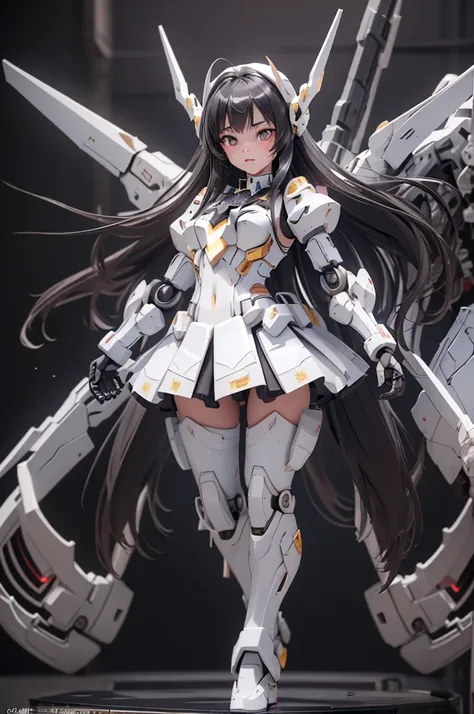 (highest quality)), ((masterpiece)), (very detailed: 1.3), 3D, {(1 young girl)}, (white ,salor suit,navy skirt,white tie,under armor:1.3), (black hair:1.5), (She is fused with futuristic Gundam mecha:1.3), with headgear, with v-fin , armored shoulders,armo...