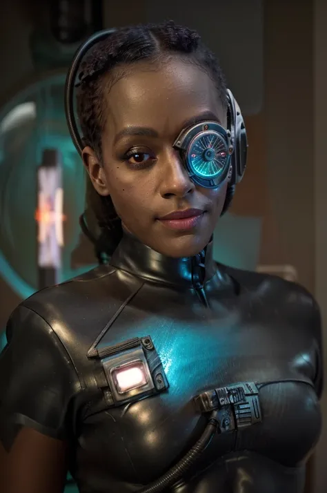 black woman, blue uniform, veins, cyborg, eyepatch, cables, luminescence, Rosalina, detailed face, detailed eyes, detailed lips, metallic texture, sci-fi, glowing lights, James Daly art style