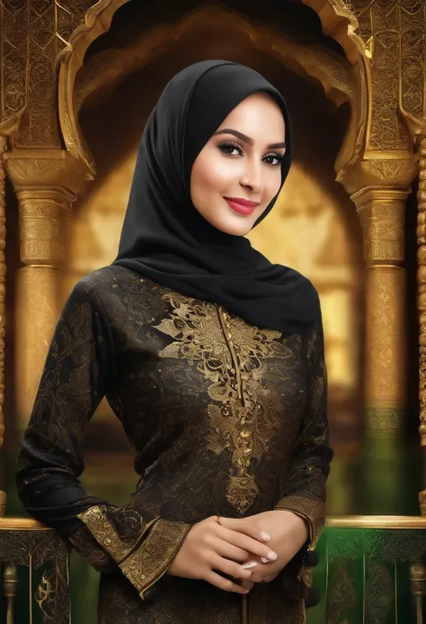 a realistic photo of an smiling Indonesian Muslim hijab woman wearing black Muslim shirts kebaya berendra batik full color. infront 3d mosque with intricate gold engravings with front hands like namaste. with the words "SELAMAT MAKAN SAHUR" big emboss text...