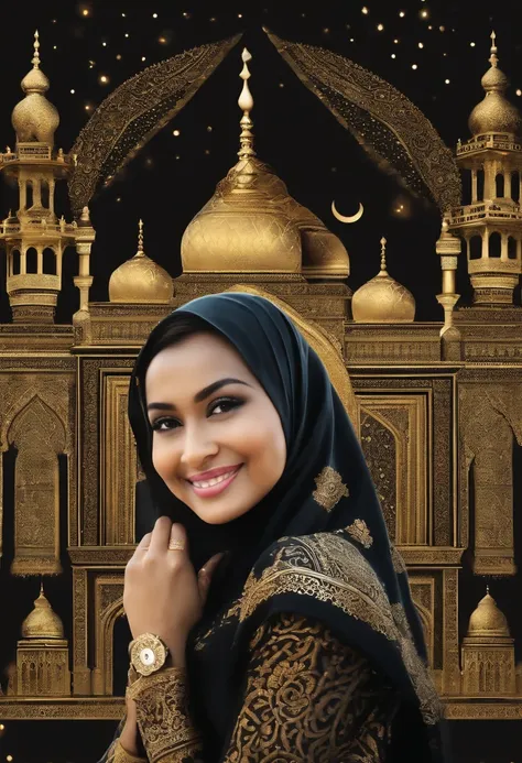 a realistic photo of an smiling Indonesian Muslim hijab woman wearing black Muslim shirts kebaya berendra batik full color. infront 3d mosque with intricate gold engravings with front hands like namaste. with the words "SELAMAT MAKAN SAHUR" big emboss text...