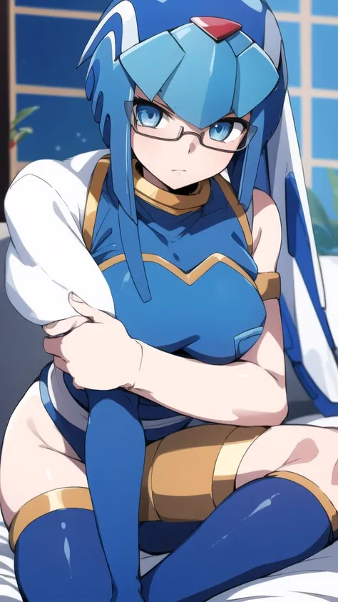 Leviathan Megaman 1 girl, looking at viewer, blue hair, Blue eyes, bedroom background, glasses, Evening Clothes 